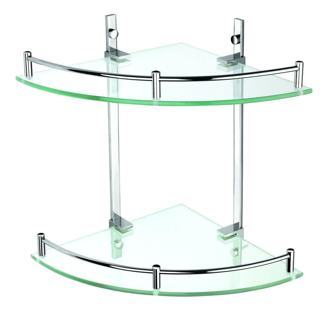 Luxxur S023 Superior 2 Tier Bathroom Glass Corner Shelf Chrome on Brass Mounts